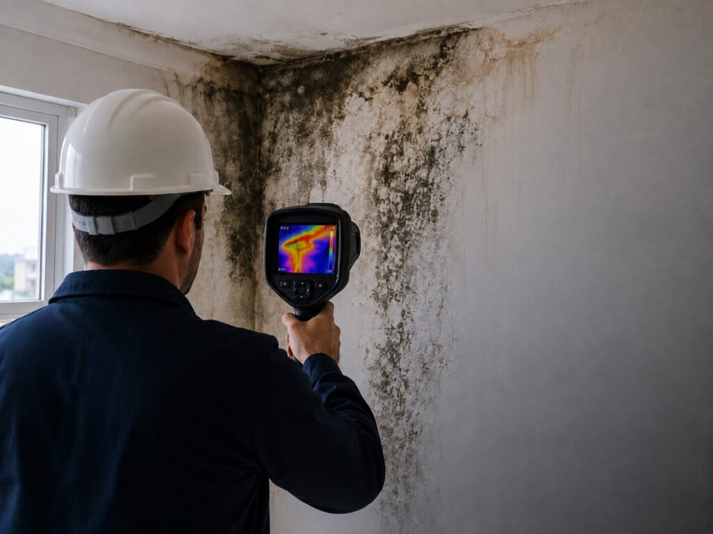 Engenheiro com câmera termográfica detectando infiltração e mofo em parede de apartamento