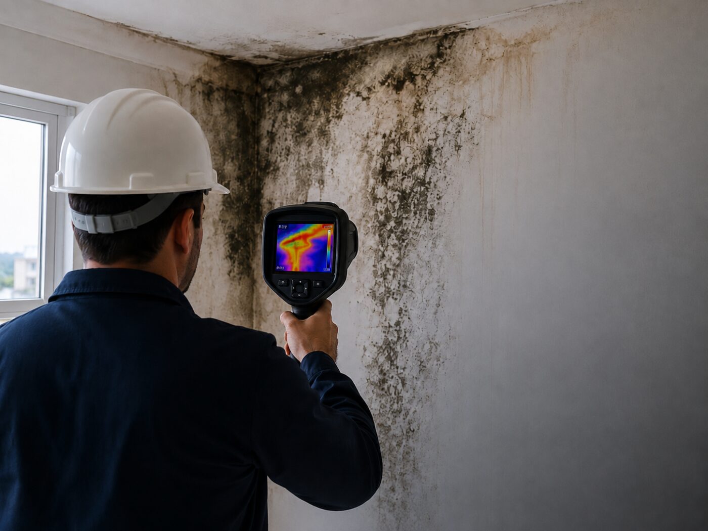 Engenheiro com câmera termográfica detectando infiltração e mofo em parede de apartamento