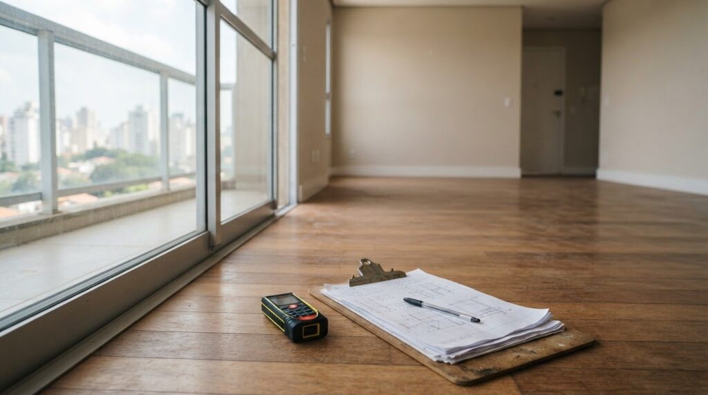 Sala de apartamento vazia com trena a laser e documentos para avaliação de imóvel
