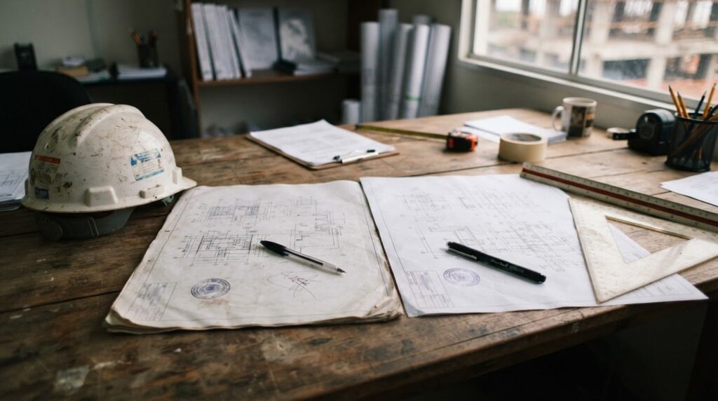 Dois documentos técnicos com carimbo, capacete de engenheiro e esquadro de arquiteto
