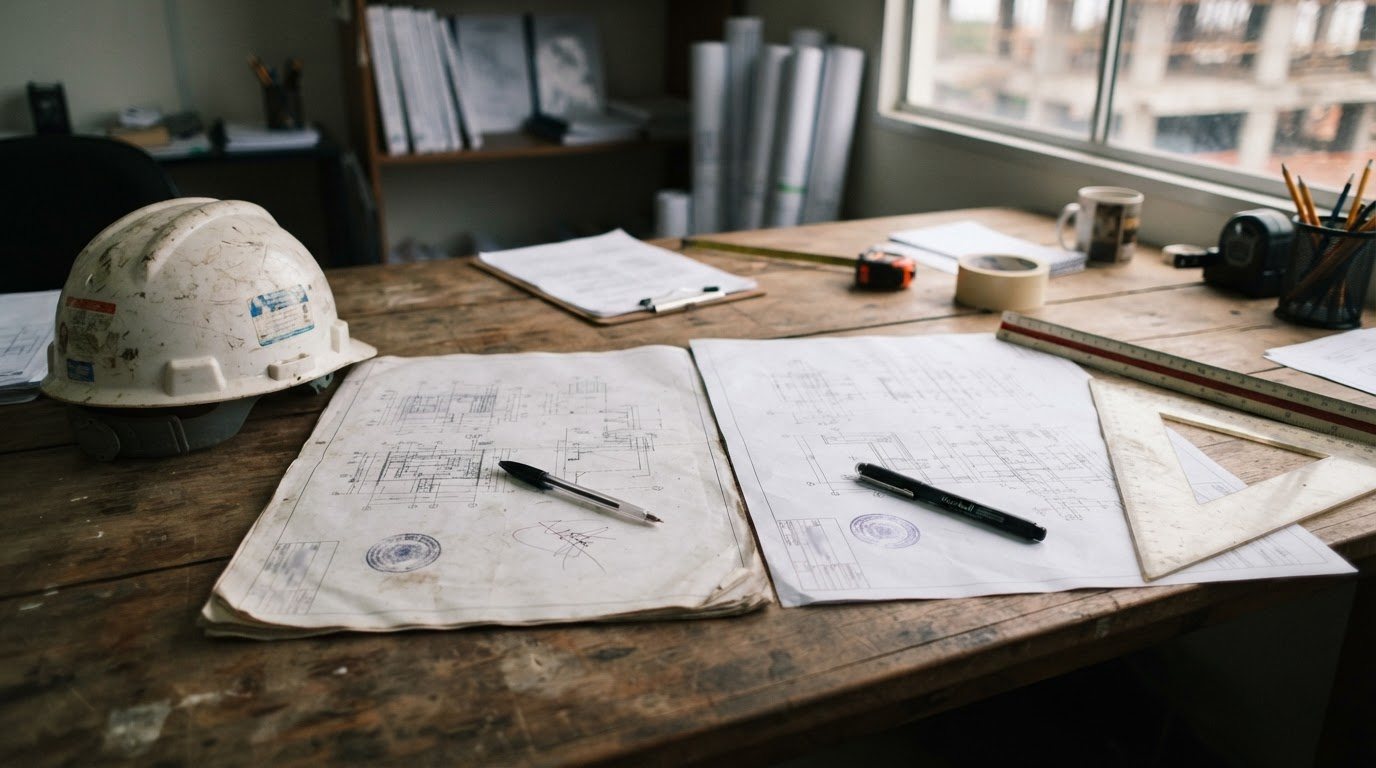 Dois documentos técnicos com carimbo, capacete de engenheiro e esquadro de arquiteto