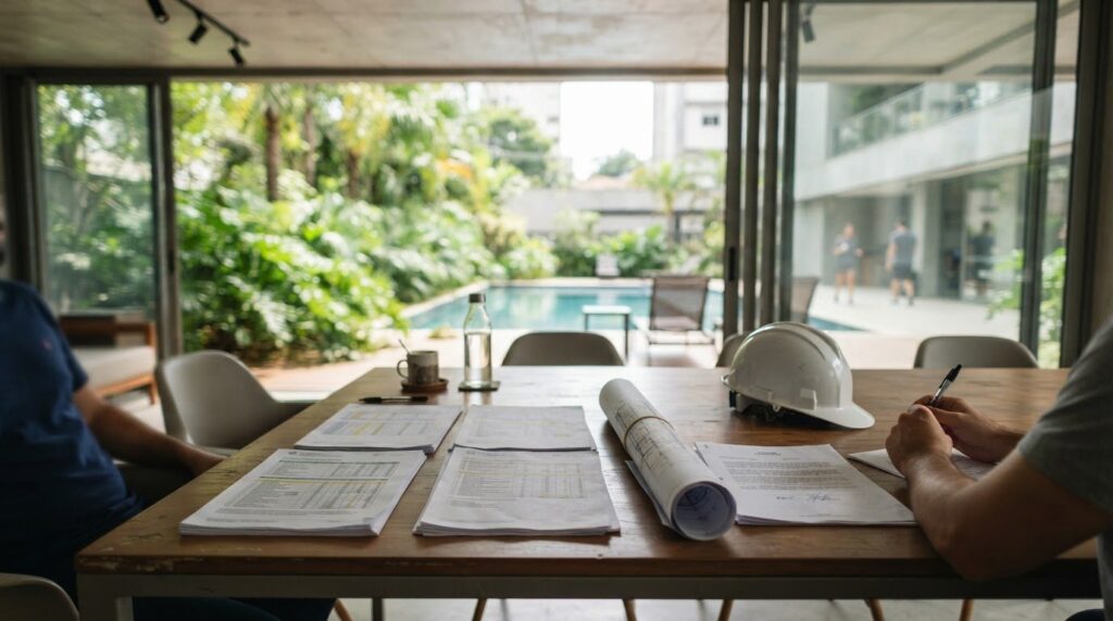 Mesa na área comum de condomínio com três orçamentos, planta e capacete de engenheiro — engenharia condominial em São Paulo
