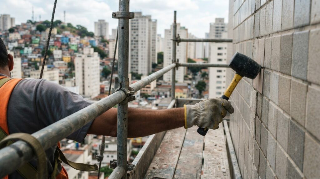 Martelo de borracha testando revestimento cerâmico de fachada em ensaio de percussão