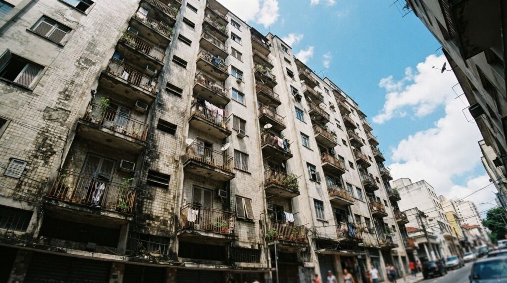 Fachada de edifício residencial antigo em São Paulo com sinais de desgaste