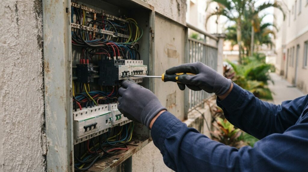 Técnico fazendo manutenção em quadro elétrico de condomínio