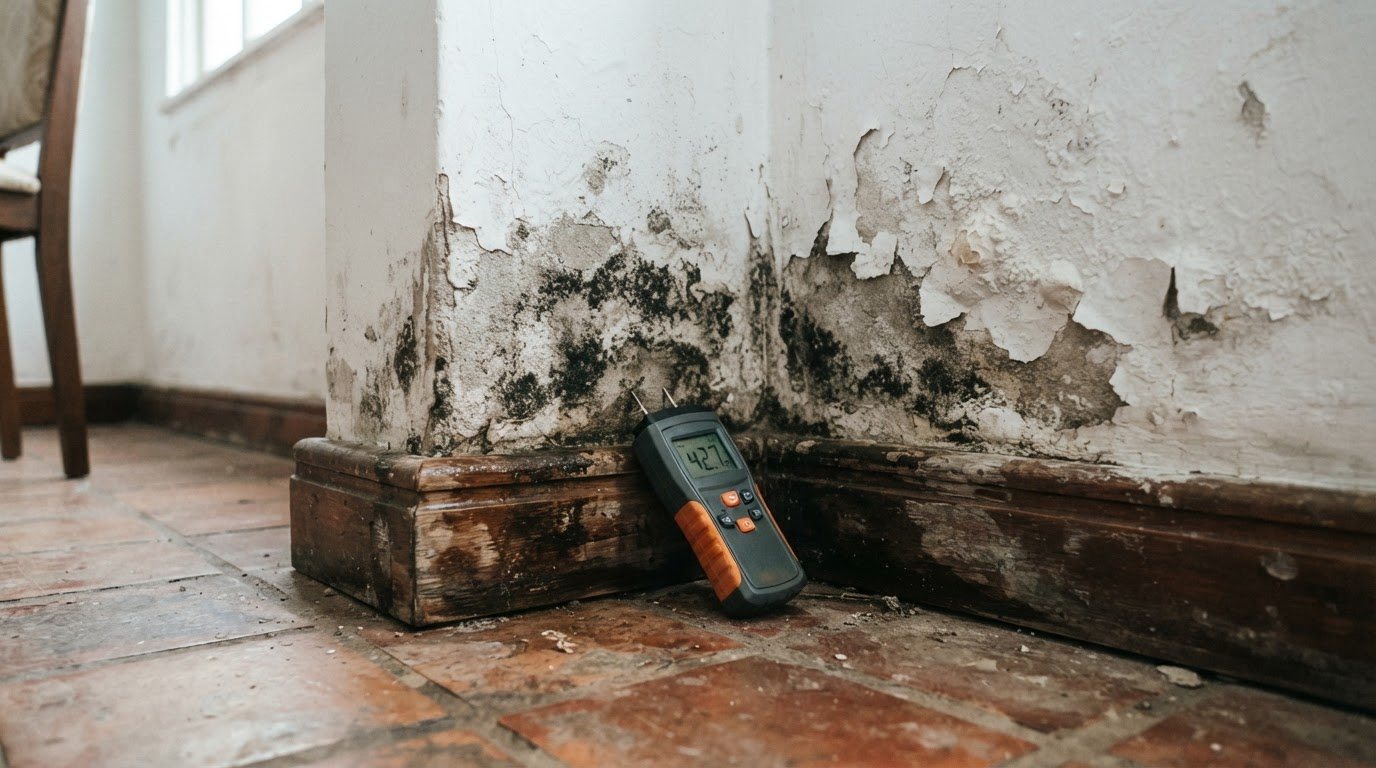 Canto de parede com mofo e pintura descascando, medidor de umidade encostado