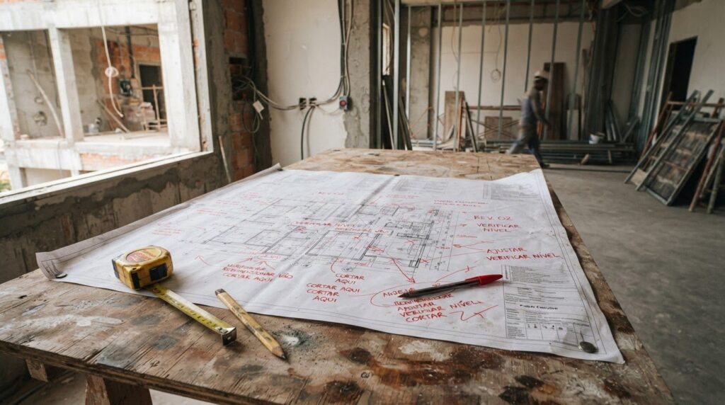 Planta de projeto com correções à mão em vermelho, base do as-built