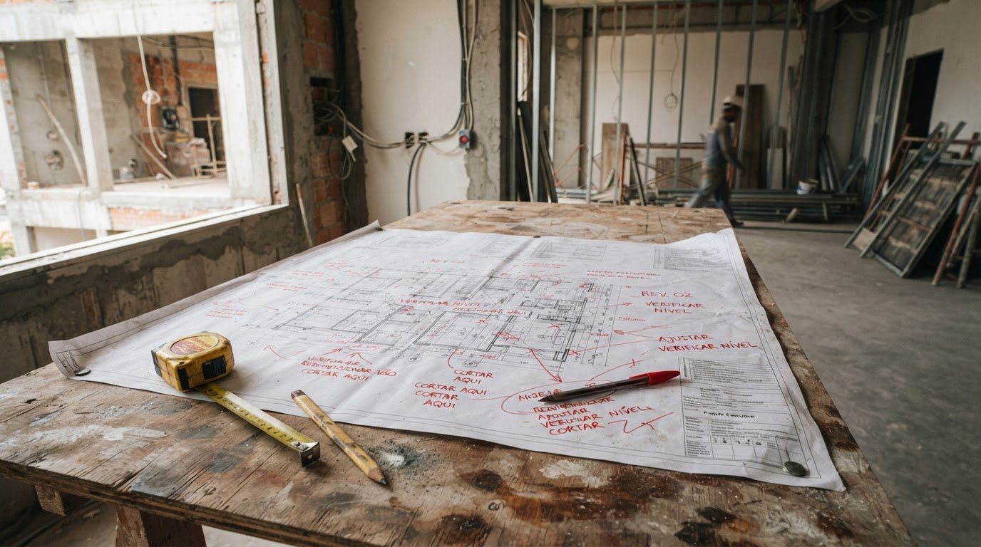 Planta de projeto com correções à mão em vermelho, base do as-built