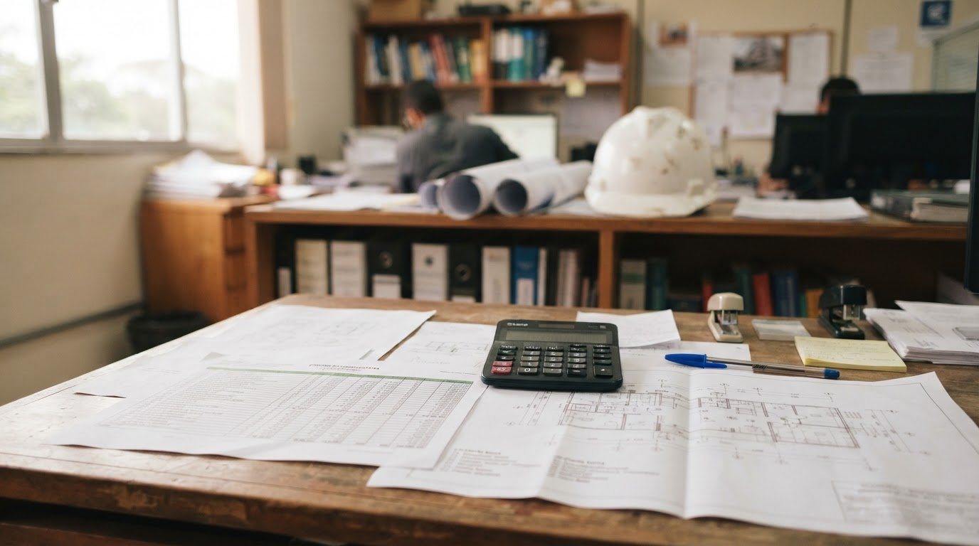 Planilha orçamentária, planta baixa e calculadora sobre mesa de engenharia