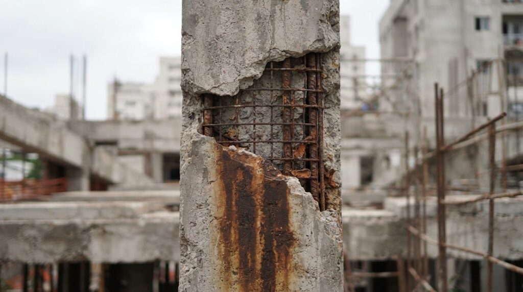 Pilar de concreto com armadura exposta e corroída, exemplo de patologia das construções
