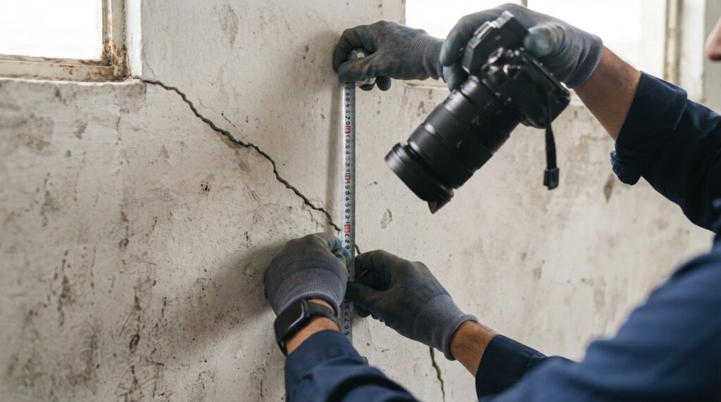 Profissional fotografando rachadura com trena ao lado durante perícia de engenharia