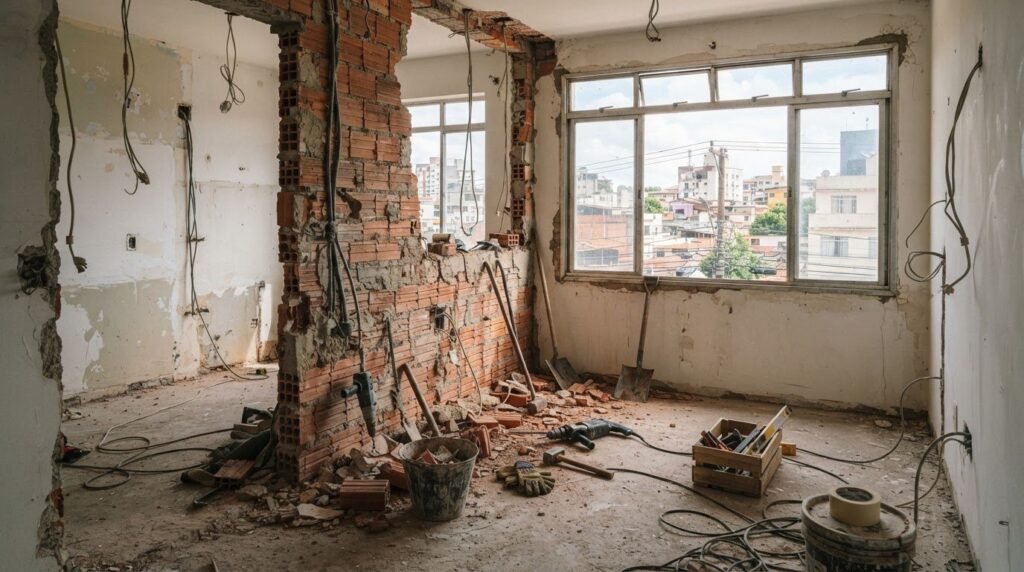 Apartamento em reforma com parede parcialmente demolida