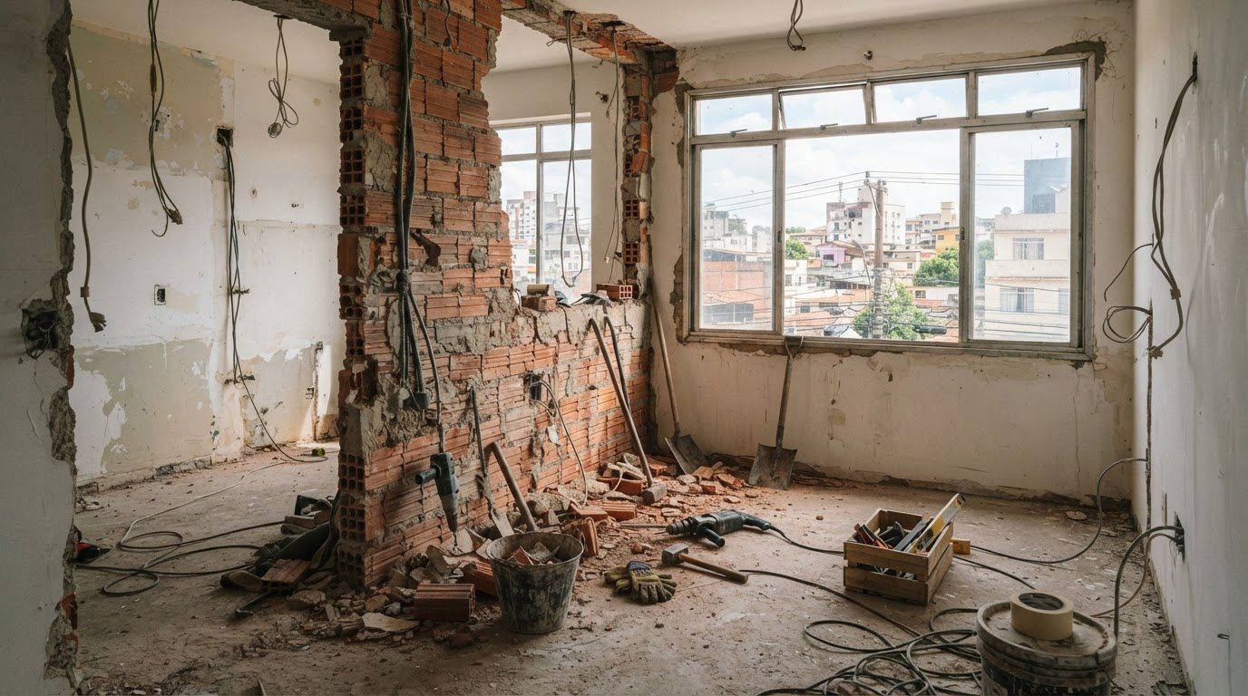 Apartamento em reforma com parede parcialmente demolida