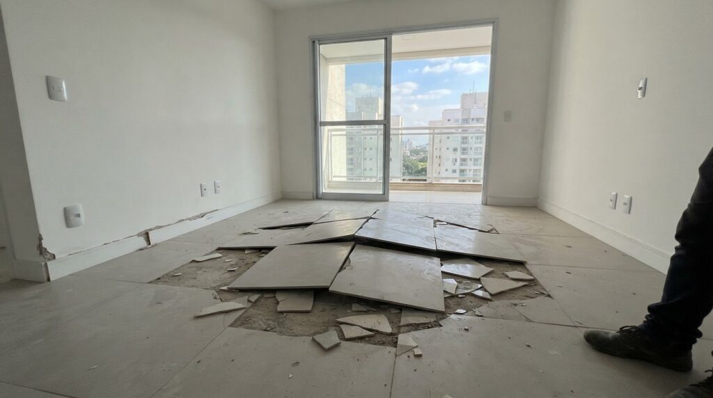 Piso cerâmico estufado em apartamento recém-entregue, exemplo de vício construtivo