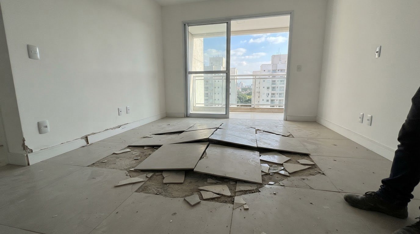 Piso cerâmico estufado em apartamento recém-entregue, exemplo de vício construtivo